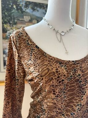 Y2k Brown Animal Print Scoop Neck Top, liquid fabric translucent sequins